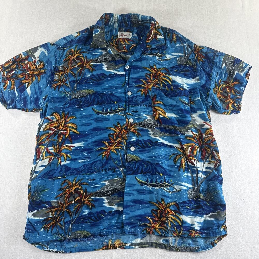 Vintage 50s Riviera Japan Silky Rayon Hawaiian Camp Shirt Size Large EUC